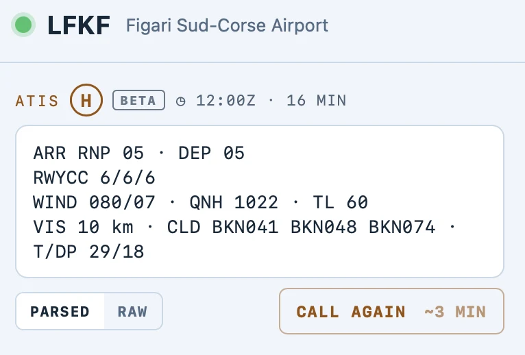 The same message decoded: arrival, departure, runway condition, wind, QNH