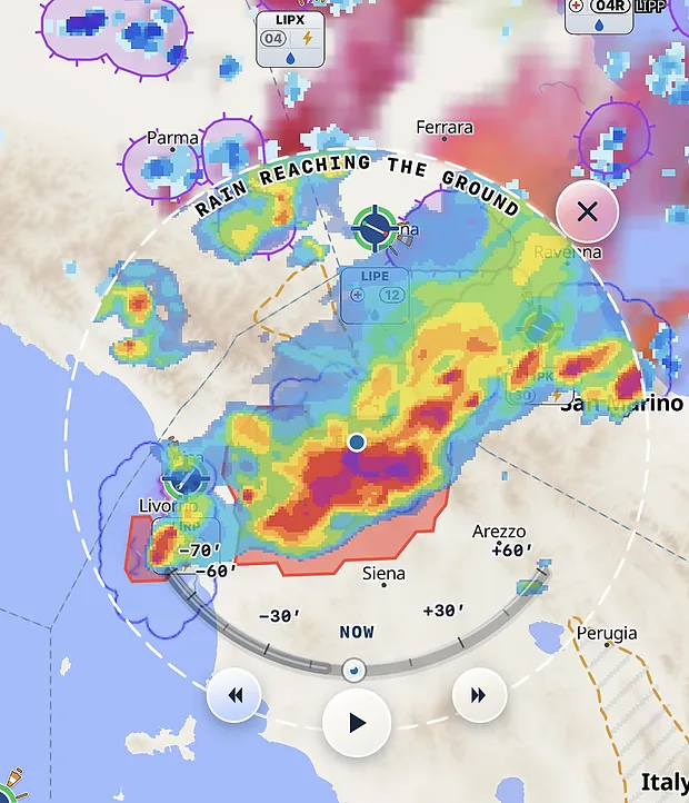 Precipitation watch over LIRQ, from −60 to +60 minutes