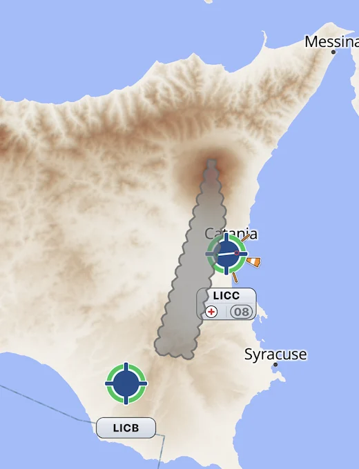 Volcanic ash SIGMET: the Etna plume as a grey cloud down to Catania