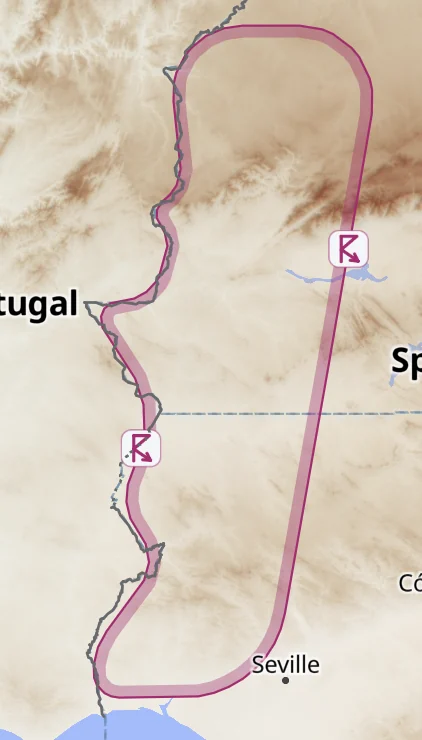 Thunderstorm SIGMET over western Spain, from the Portuguese border to Seville